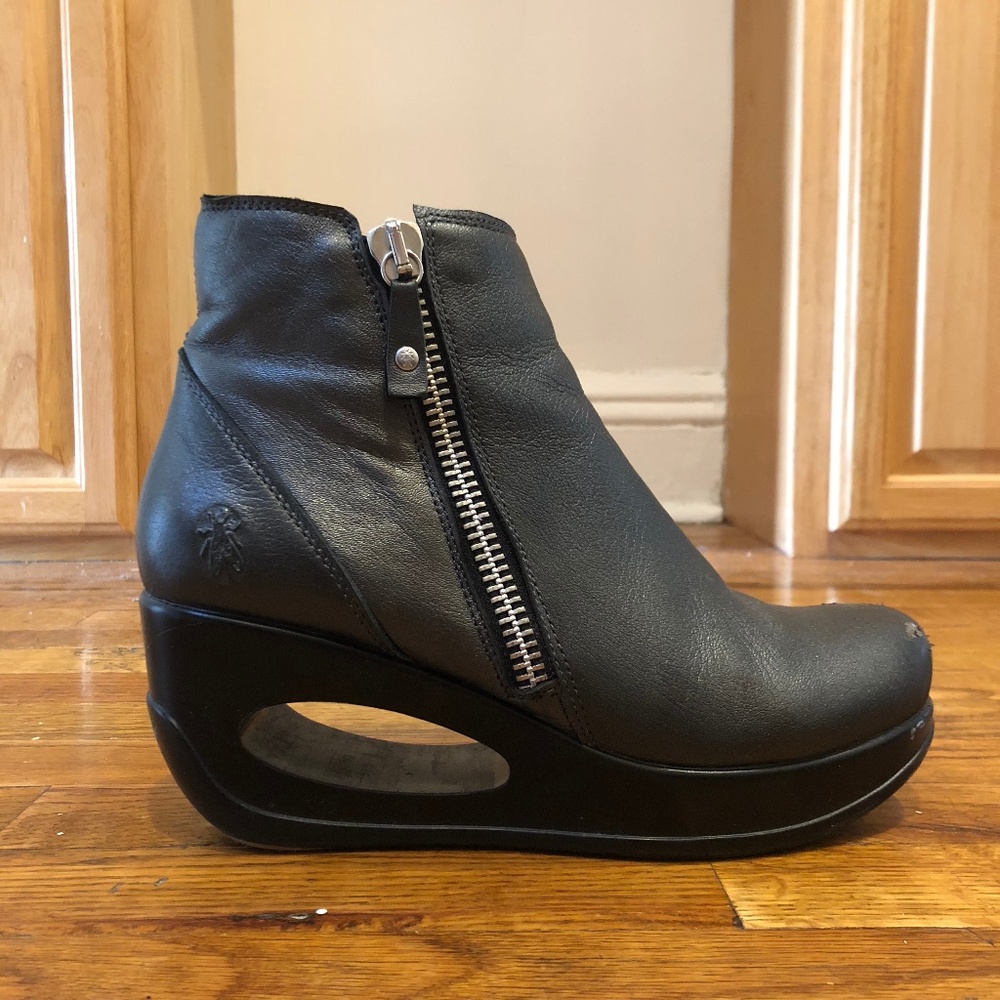 FLY London Leather Cutout Bootie Metallic